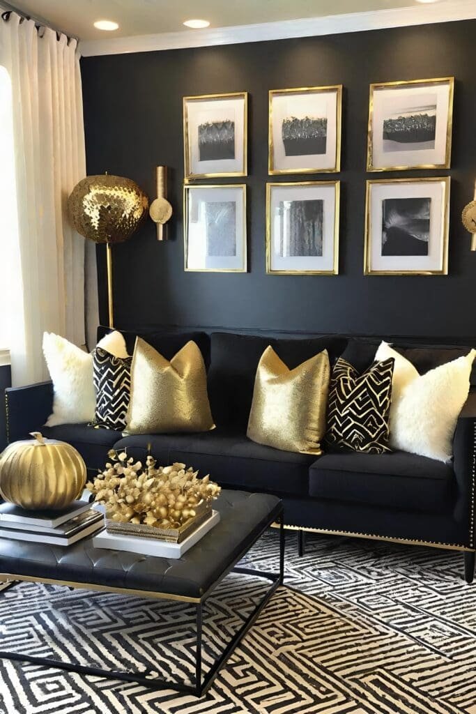 Cozy Black and Gold Living Room with Warm Lighting and Textured Throws