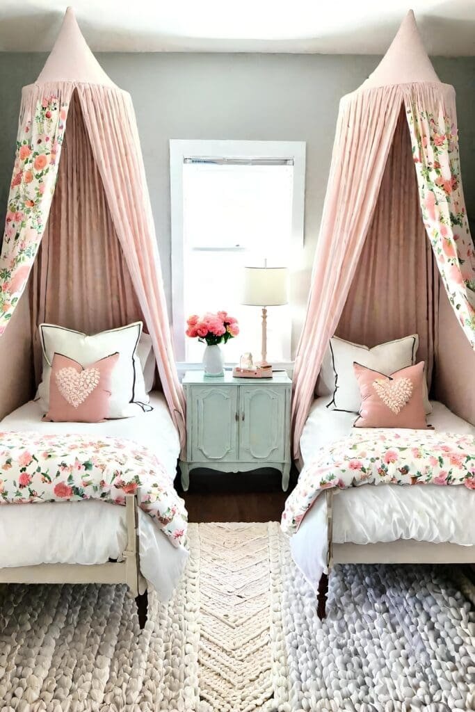Cozy Small Shared Bedroom With Twin Canopy Beds And Floral Accents