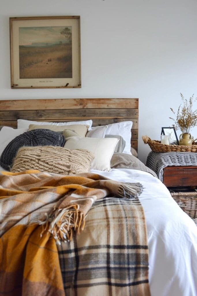 Cozy bedroom with fall plaid blankets