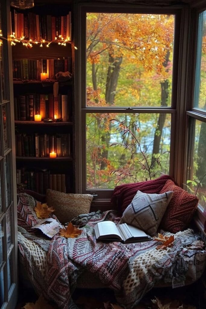 Cozy fall bedroom reading nook