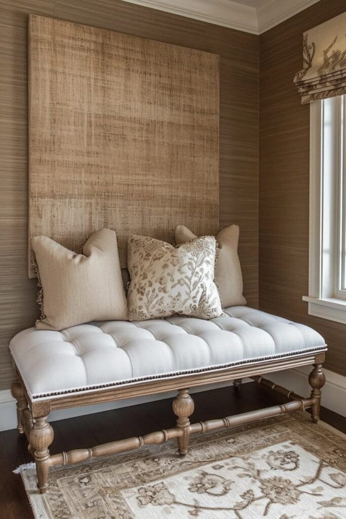 a tan bedroom with a Bench