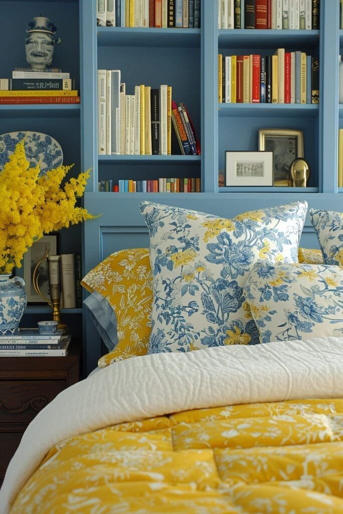 yellow and blue bedroom Decorated with Books