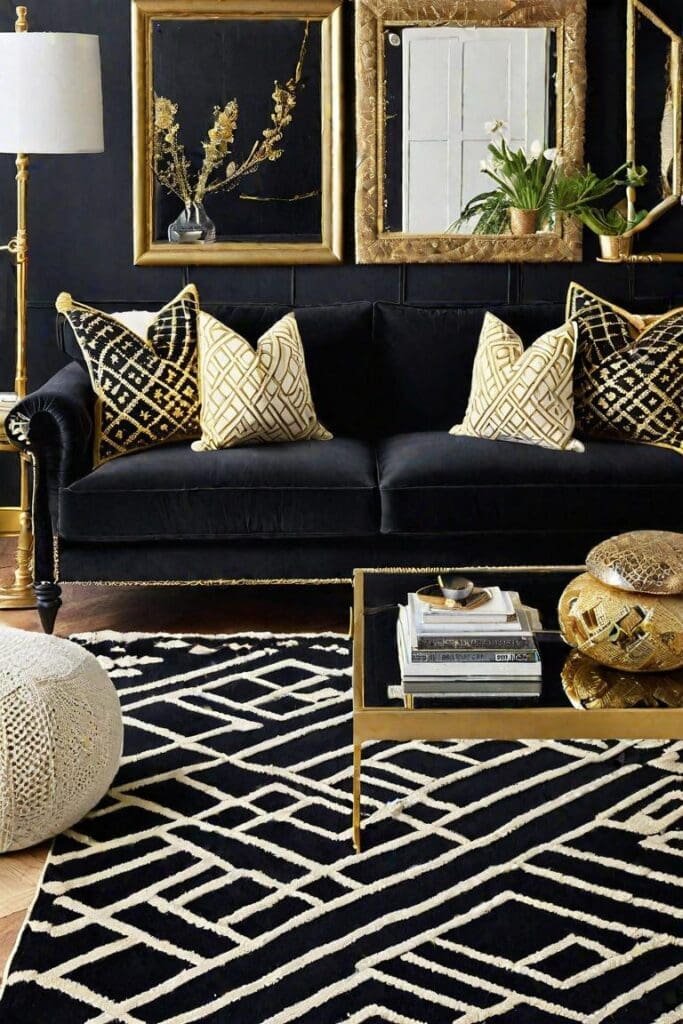 Eclectic Black and Gold Living Room with Mixed Patterns and Vintage Finds