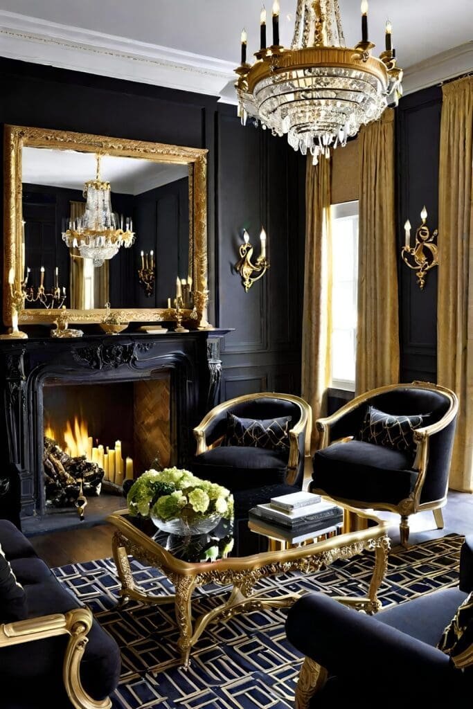 Elegant Black and Gold Living Room with Gilded Mirrors and Classic Chandeliers