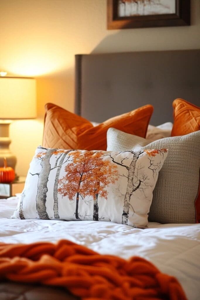 Fall-themed throw pillows for the bedroom