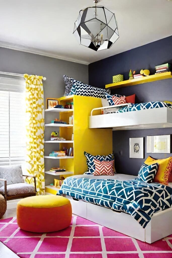 Funky Small Shared Bedroom With Geometric Patterns And Bright Furnishings