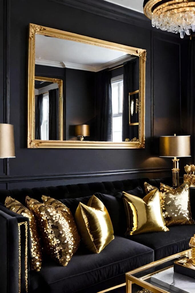 Glamorous Black and Gold Living Room with Sequin Cushions and Opulent Decor