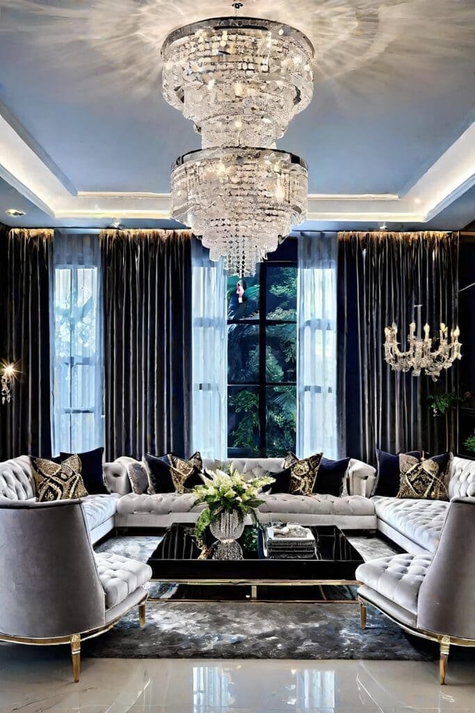 Glamorous Crystal-Adorned Modern Luxury Living Room