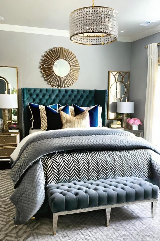 Glamorous Small Shared Bedroom With Velvet Textures And Metallic Finishes