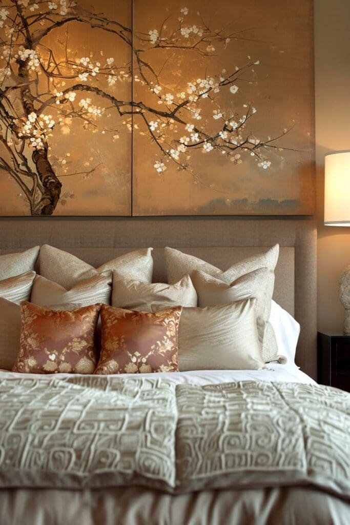 tan bedroom with bold Wall Art
