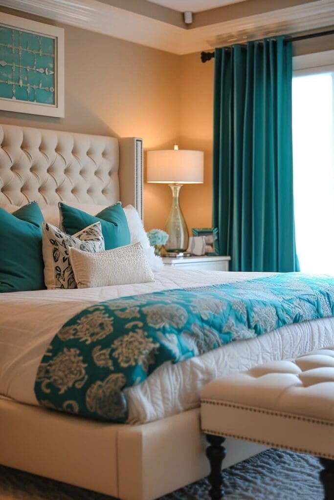 Teal Accents in a tan bedroom