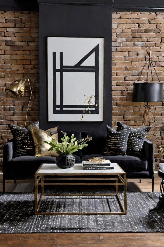 Industrial Black and Gold Living Room with Exposed Brick and Metal Details