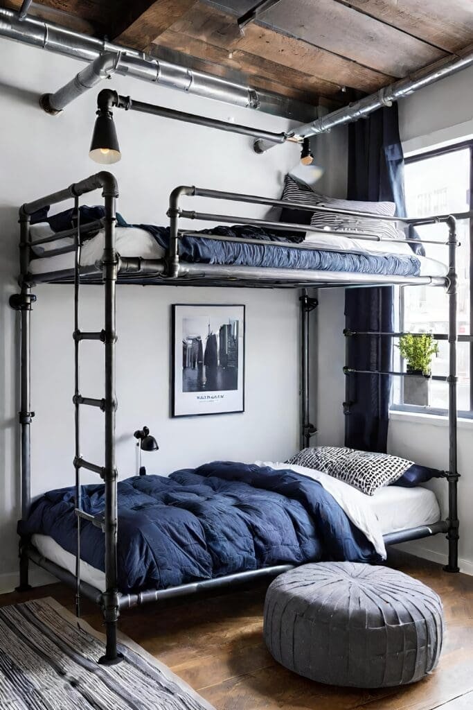 Industrial Small Shared Bedroom With Exposed Pipes And Metal Frames