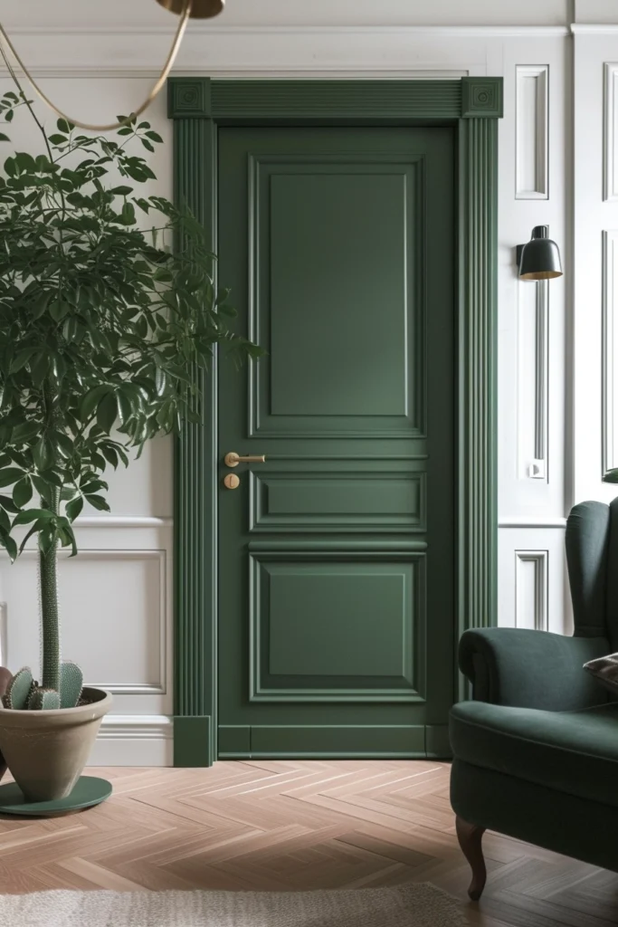 Ivy green interior door in a soothing classic style home