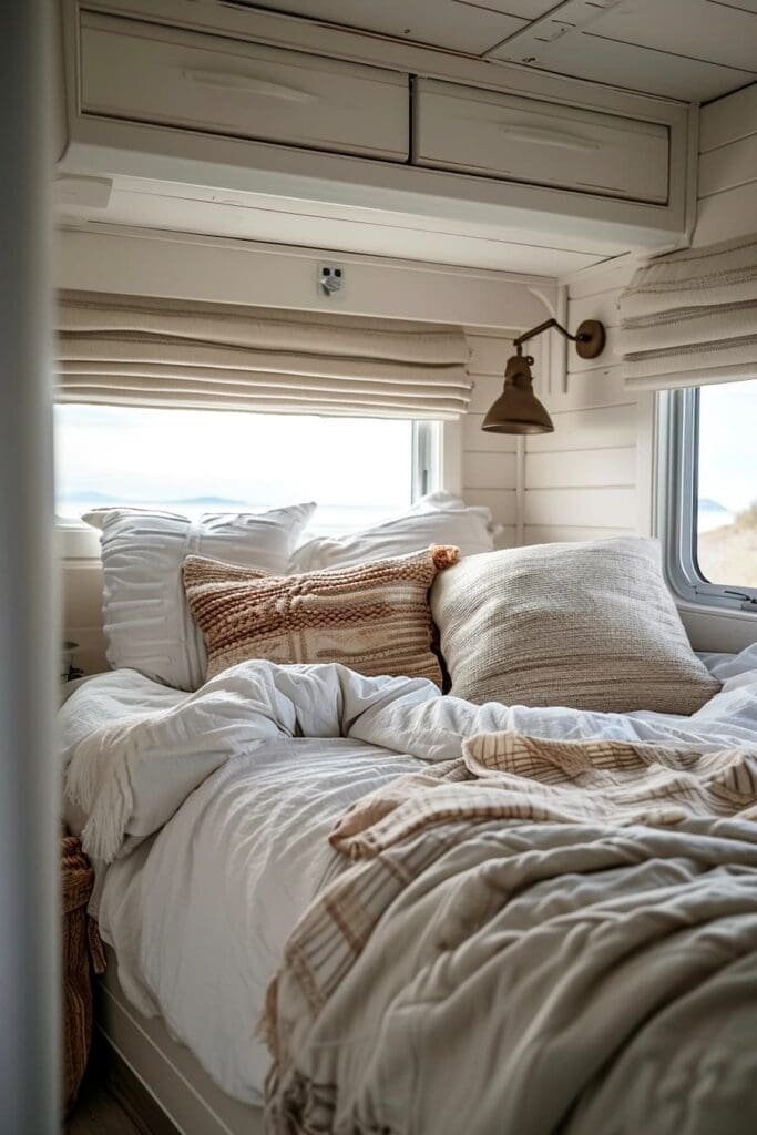 tiny RV with simple bedding