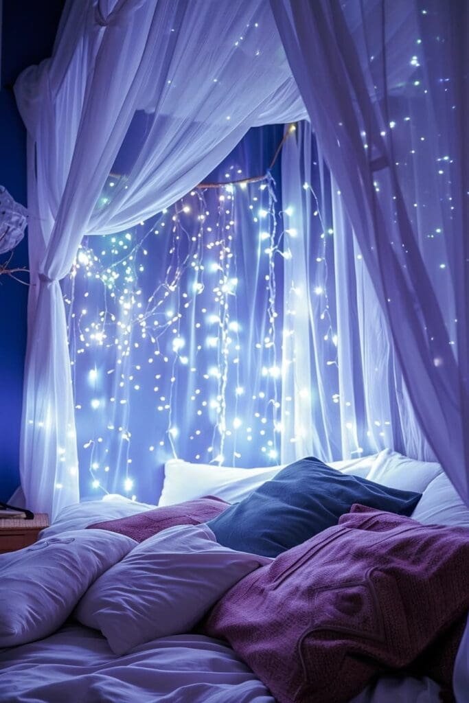 LED Fairy Lights Over Bedroom Curtains