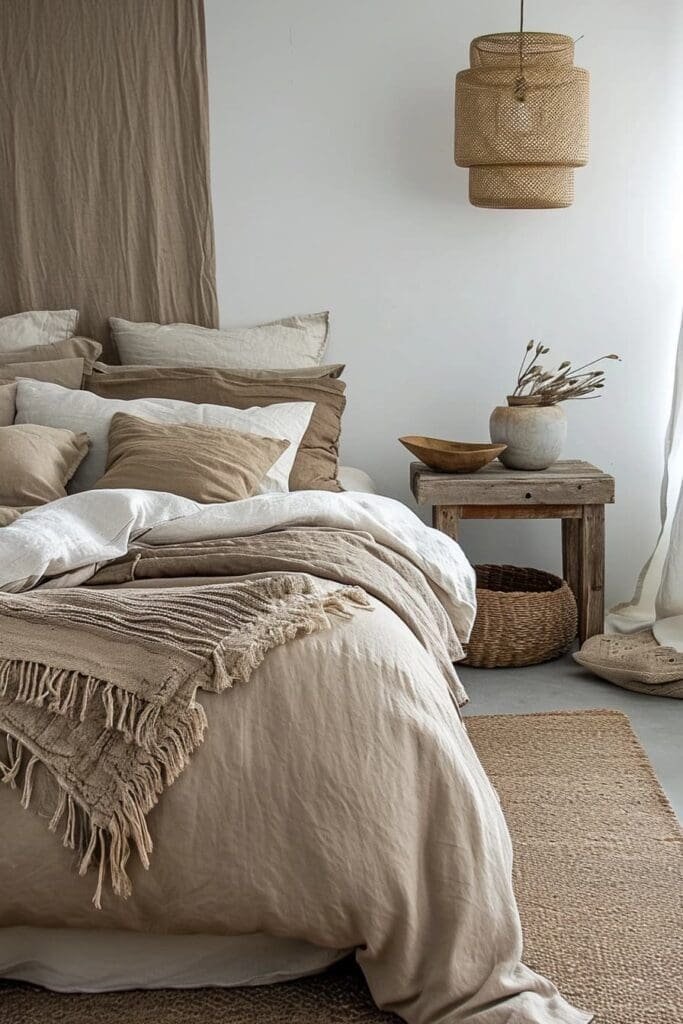 Layered Bedding in a tan bedroom