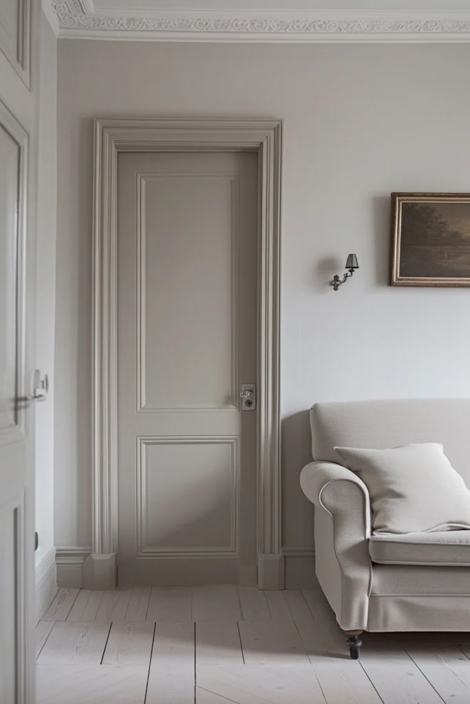 Light grey interior door, soft and comforting, spacious feel