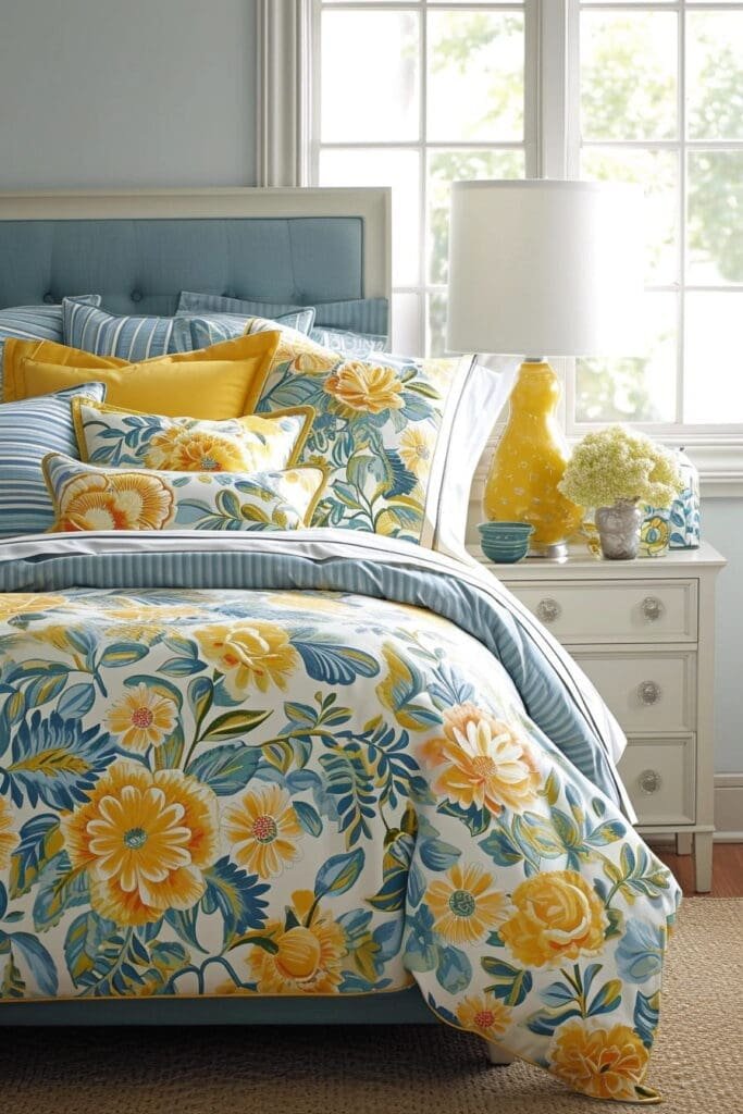blue and yellow bedroom with Luxurious Bedding