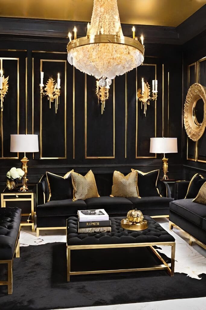 Luxurious Black and Gold Living Room with Velvet Sofas and Gold Leaf Details