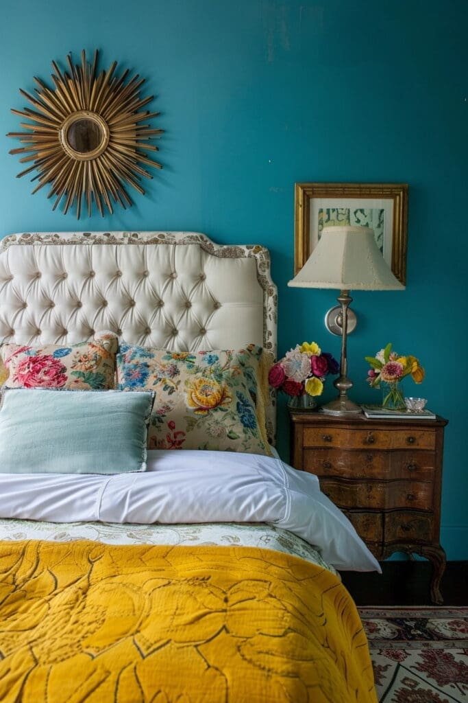 blue and yellow bedroom with Vintage Pieces