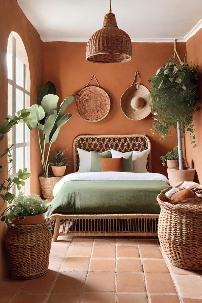 Mediterranean Small Shared Bedroom With Terracotta Accents And Wicker Decor