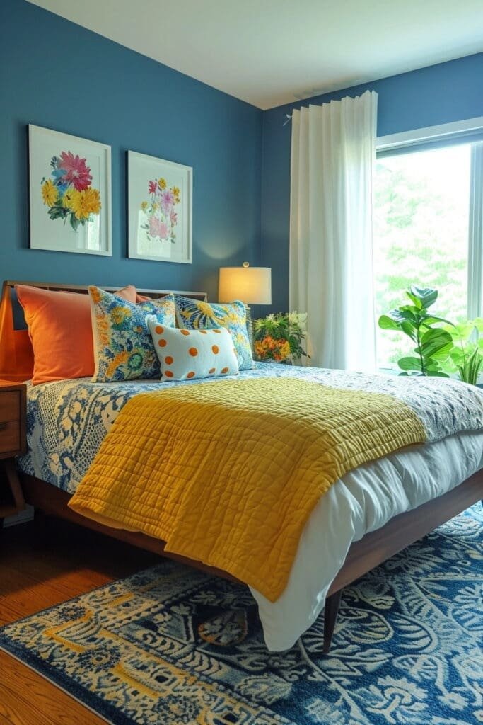 yellow and blue bedroom with a Mid-Century Design