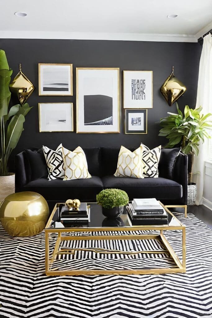 Minimalist Black and Gold Living Room with Simple Furnishings and Bold Accents