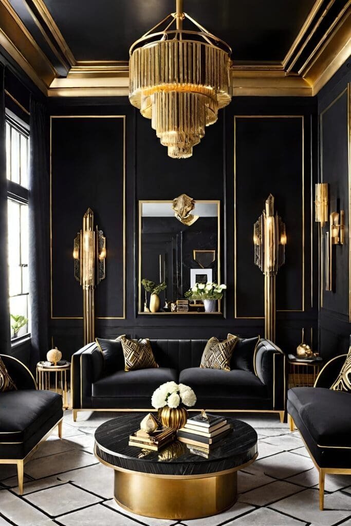 Modern Black and Gold Living Room with Geometric Patterns and Sleek Furniture
