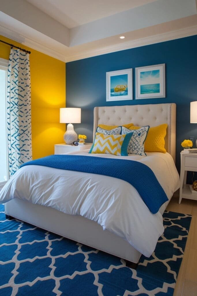 Modern and Minimalistic blue and yellow bedroom