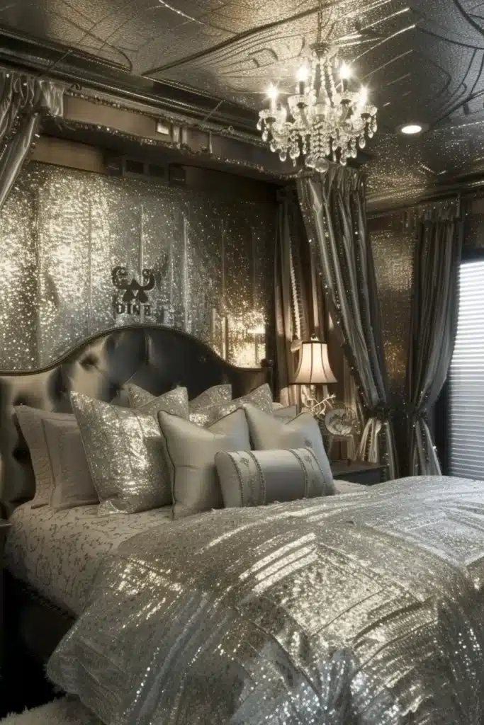 Monochromatic silver themed bedroom