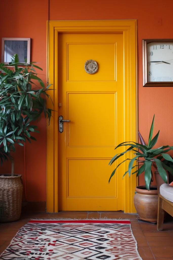 Mustard yellow interior door, '70s vibe with orange and red tones