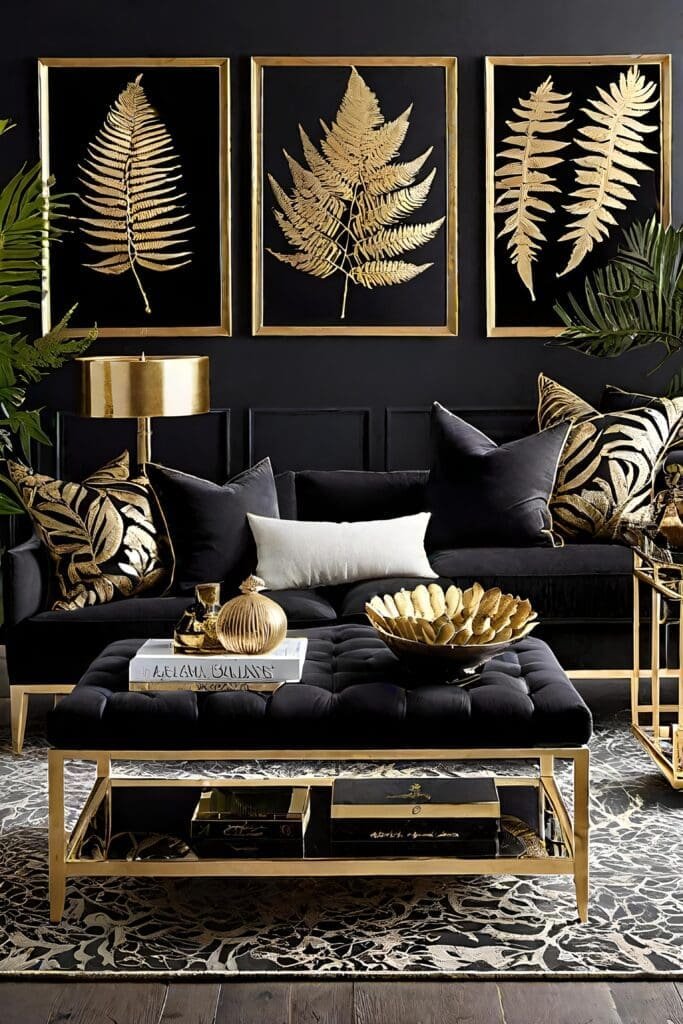 Nature-Inspired Black and Gold Living Room with Botanical Prints and Gold Foil