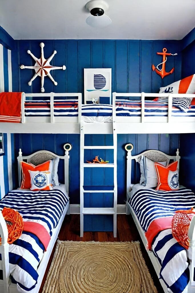 Nautical-Themed Small Shared Bedroom With Blue Stripes And Sea Motifs