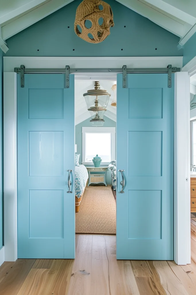 Ocean blue interior door in a beach bungalow style house