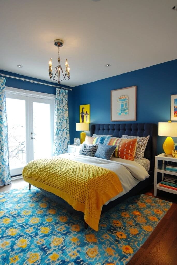 blue and yellow bedroom with Patterned Rugs