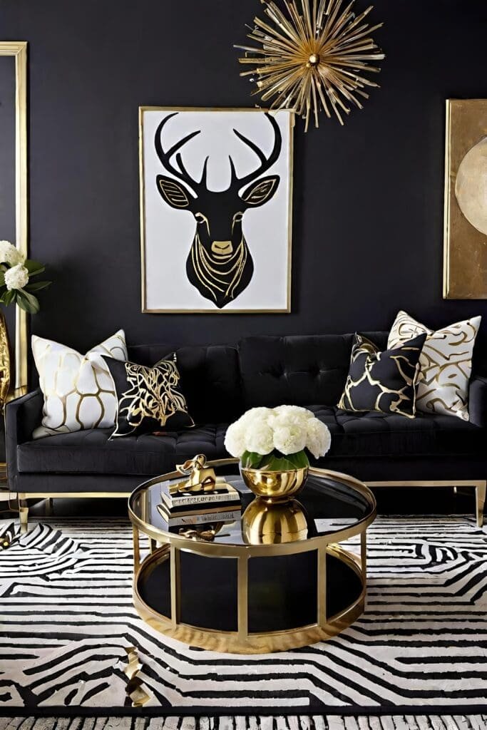 Playful Black and Gold Living Room with Whimsical Decor and Unique Accents