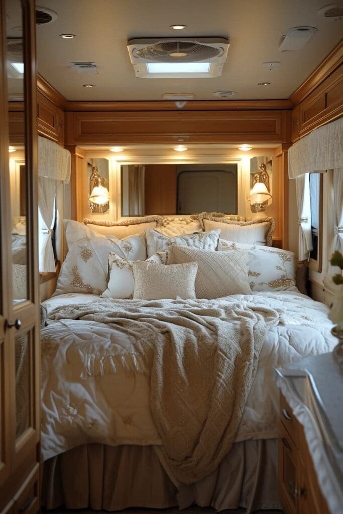 RV bedroom with mirror