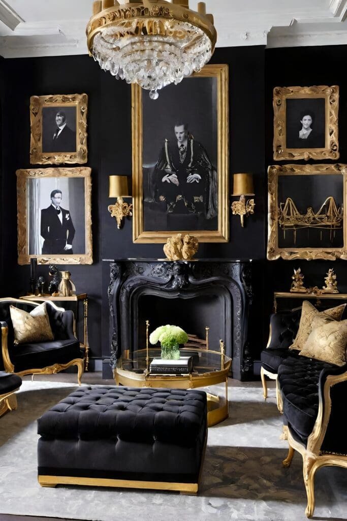 Regal Black and Gold Living Room with Luxe Velvet and Gilded Frames