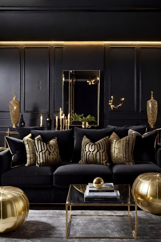 Relaxing Black and Gold Living Room with Plush Seating and Ambient Lighting