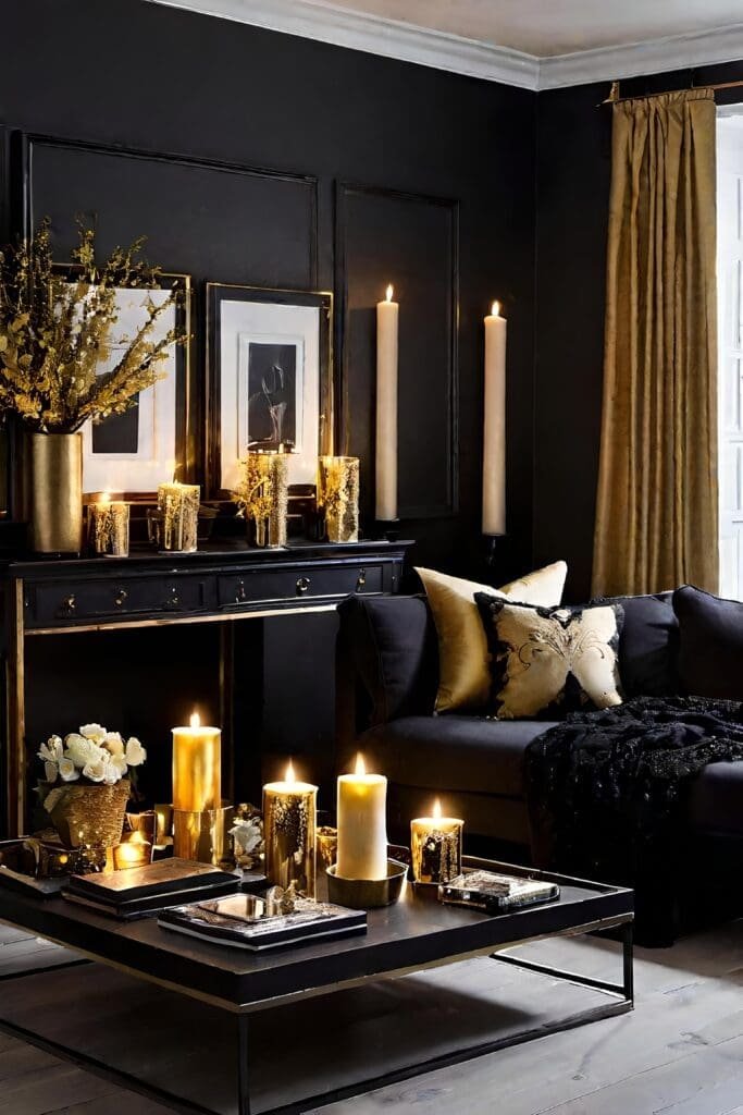 Romantic Black and Gold Living Room with Soft Fabrics and Candlelight