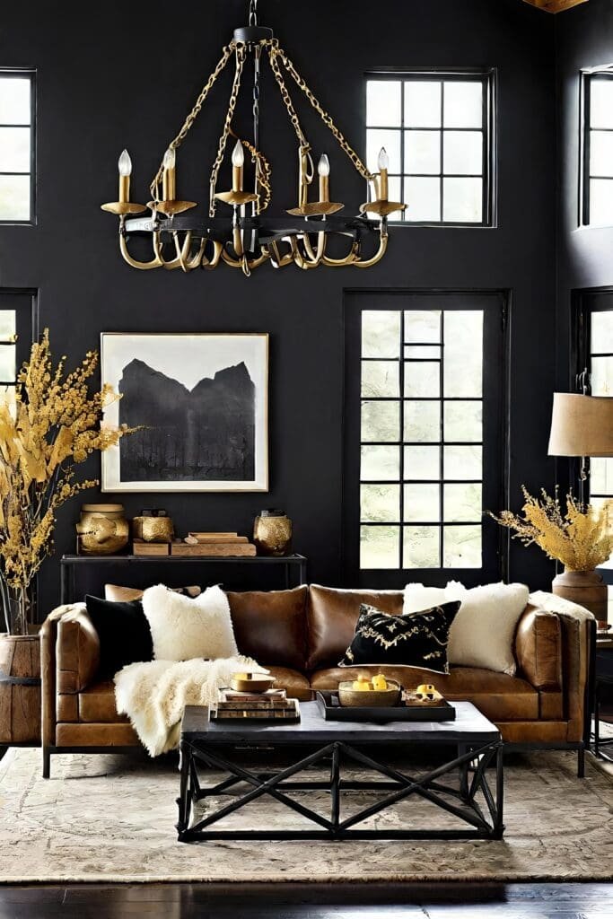 Rustic Black and Gold Living Room with Iron Elements and Rich Textures
