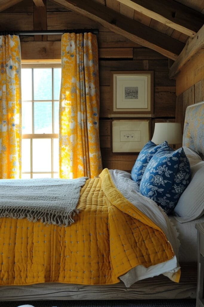 yellow and blue bedroom with a Rustic Chic