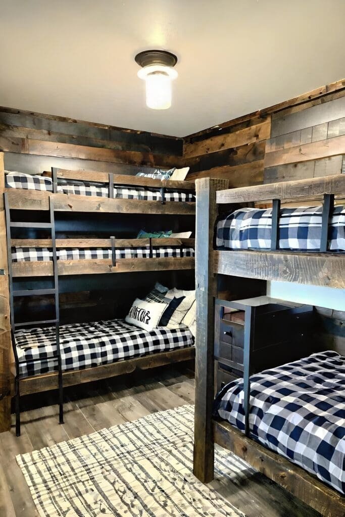 Rustic Small Shared Bedroom With Barnwood Bunk Beds And Plaid Bedding