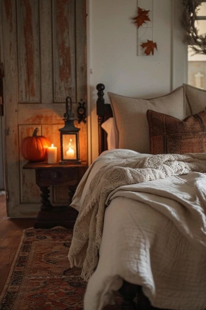 Rustic fall lanterns in the bedroom