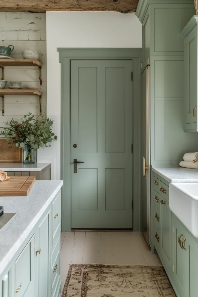 Sage green interior door in a kitchen or bathroom for a cohesive look