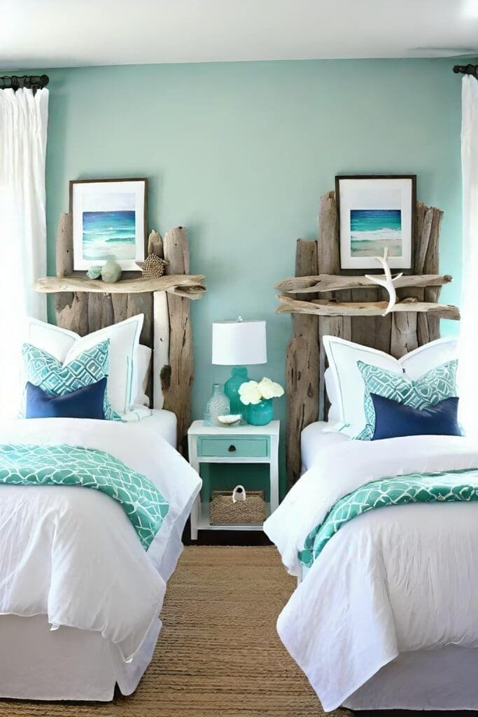 Serene Small Shared Bedroom With Ocean Tones And Driftwood Details