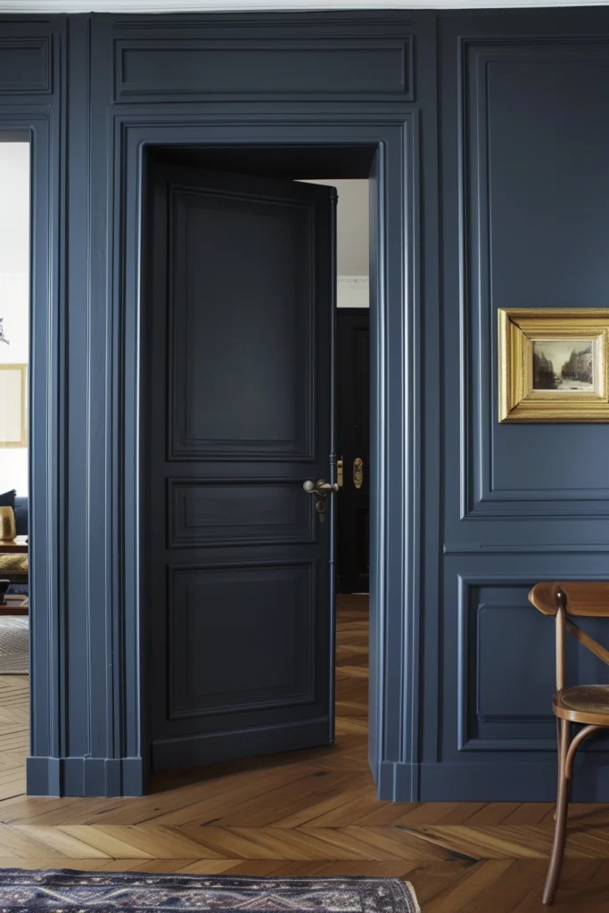 Slate blue interior door, bold yet neutral, complemented by picture frames