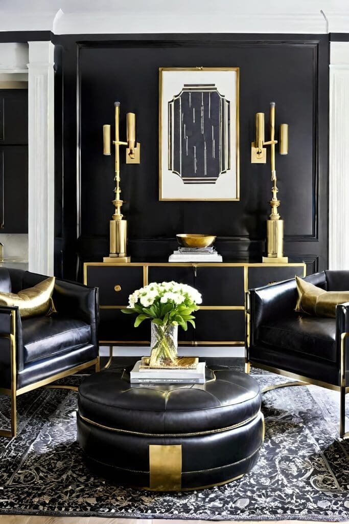 Sophisticated Black and Gold Living Room with Leather Chairs and Brass Fixtures