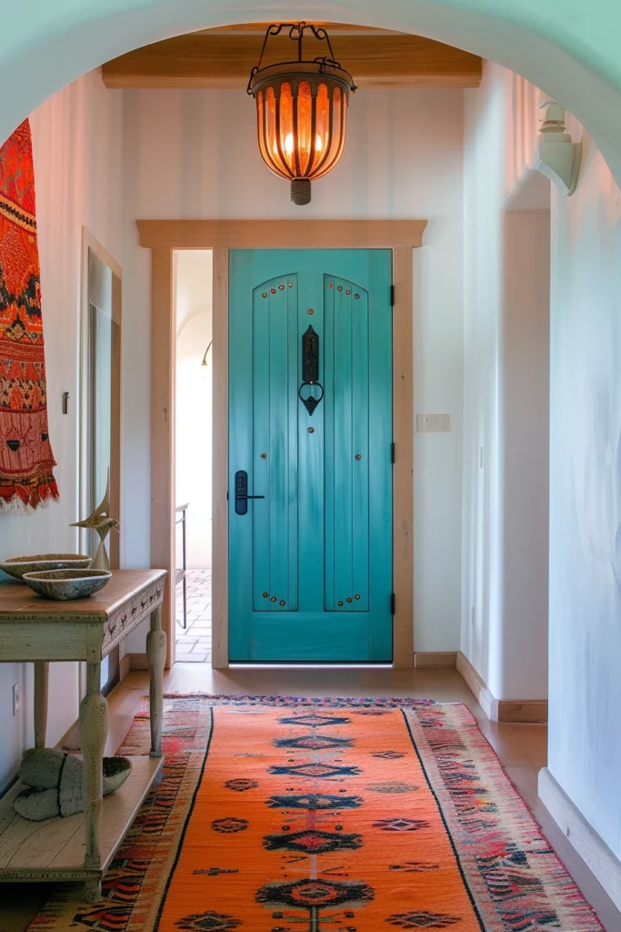 Teal interior door in a boho-style home with tan and orange accents